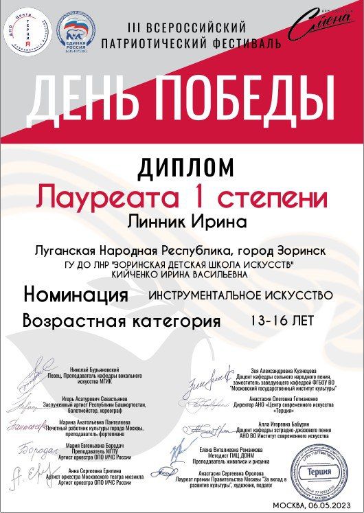 ЗНАЙ НАШИХ: Учащиеся и коллективы Зоринской ДШИ отмечены наградами патриотического фестиваля «День Победы»