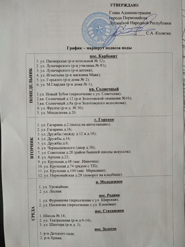 Сергей Колягин: Разработанный специалистами двух управлений по жизнеобеспечению населённых пунктов Золотое, Катериновка, Молодёжное, Горское и утверждённый график подвоза воды