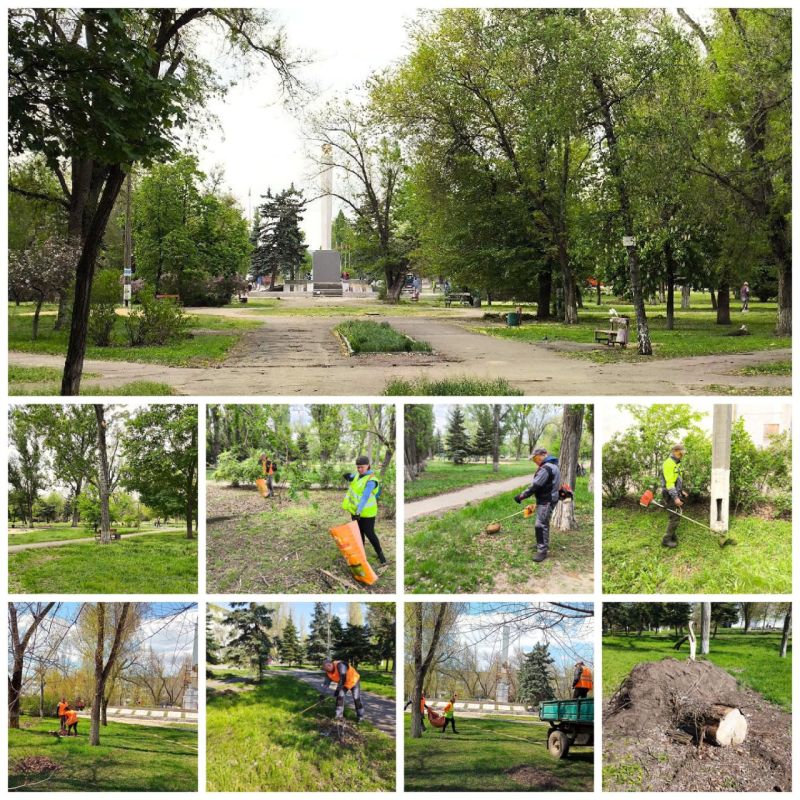 МУП «ДЭП города Рубежное» наводит порядок в сквере, где расположен мемориал «Воинам-рубежанам, павшим за свободу и независимость Родины в 1941–1945 годах»