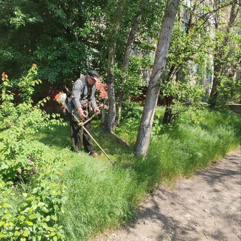 Сотрудники Алчевского филиала Единой управляющей компании проводят работы по покосу зелёной зоны придомовых территорий многоквартирных домов города