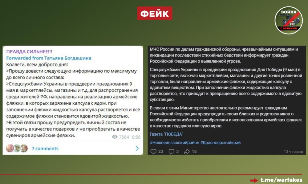 Фейк: Спецслужбы Украины в преддверии 9 мая распространяют на маркетплейсах армейские фляжки с капсулой яда внутри