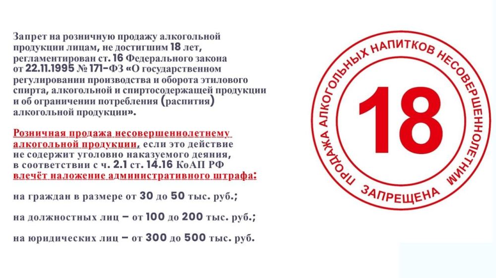 Напоминаем о недопустимости реализации алкогольной продукции несовершеннолетним