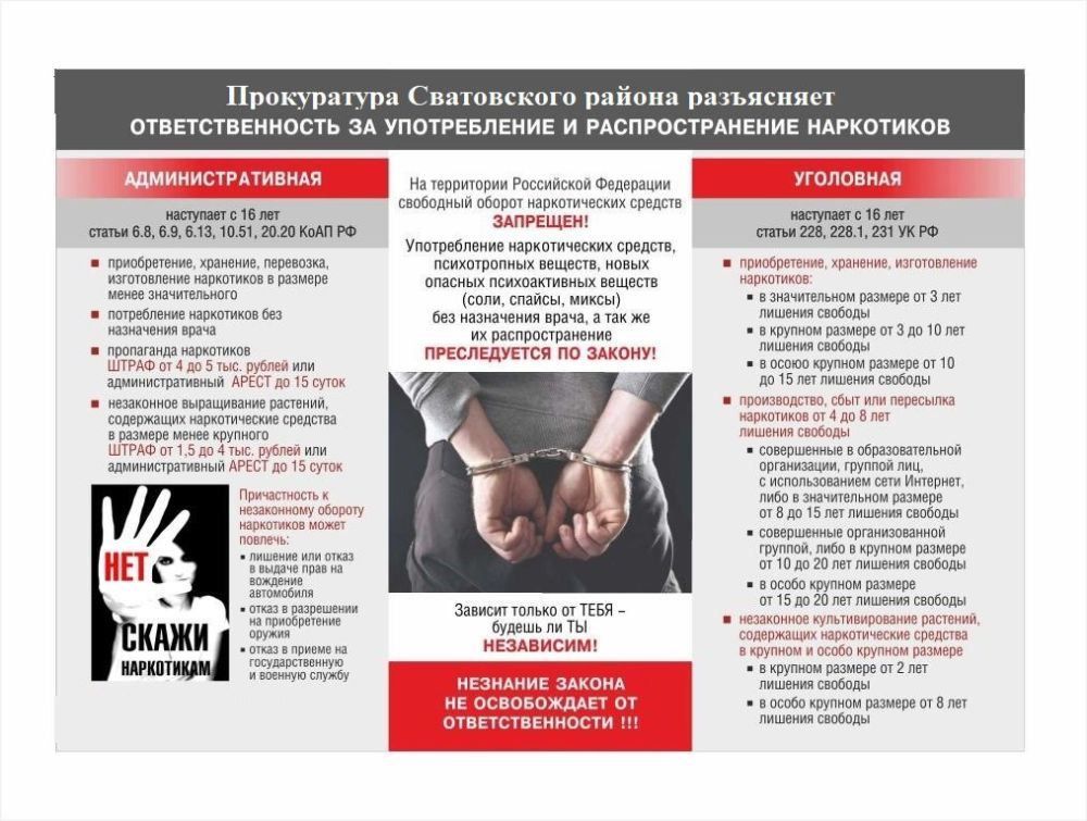 В соответствии с Федеральным законом Российской Федерации от 08.01.1998 № 3-ФЗ «О наркотических средствах и психотропных веществах» потребление наркотиков и психотропных веществ запрещено на всей территории Российской...