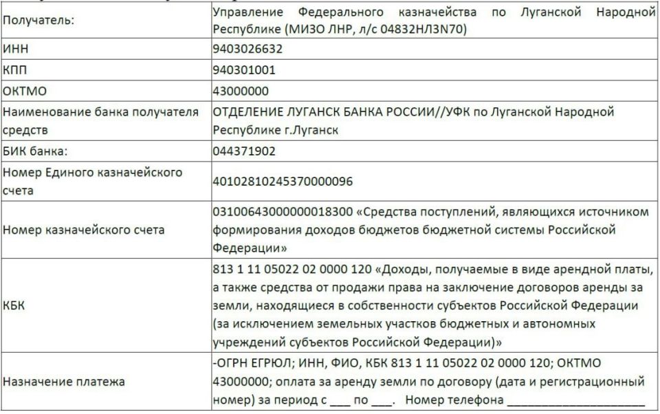 Владимир Чернев: Министерство имущественных и земельных отношений Луганской Народной Республики уведомляет о необходимости уплаты арендной платы по договорам аренды земельных участков, расположенных за границами населенных...