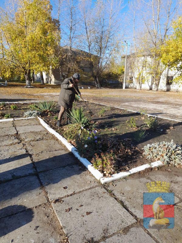 В городе Новодружеск работники МБУ "КСЛ" проводят уборку центральной площади: убирают листву, мусор, проводят обрезку сухостоя, облагораживают клумбы возле памятника