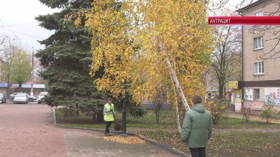 Рабочие МУП "Антрацитовское зеленое хозяйство" проводят сезонную уборку листвы