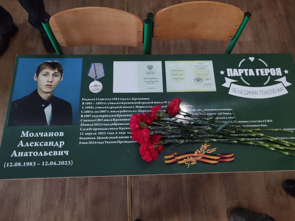 В ГБОУ ЛНР "Кременская СШ №1" состоялось открытие "Парты Героя", посвященной памяти выпускников школы – Шульцу Ивану Анатольевичу и Молчанову Александру Анатольевичу, героически погибшим в ходе специальной военной операции
