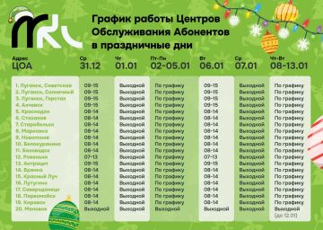 График работы Центров обслуживания абонентов "МКС" в новогодние праздники: