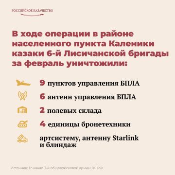 В зоне СВО в районе населенного пункта Каленики ДНР активное участие в боевых действиях принимает 6-я отдельная гвардейская мотострелковая Лисичанская казачья бригада имени М.И.Платова. О достижениях казаков сообщается в...