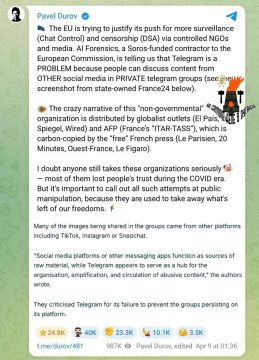 Свобода слова в ЕС мертва. Павел Дуров обвинил Европейский союз в давлении на Telegram и попытках усилить цензуру Он раскритиковал связанную с Еврокомиссией организацию, которая называет Telegram источником «оскорбительного...
