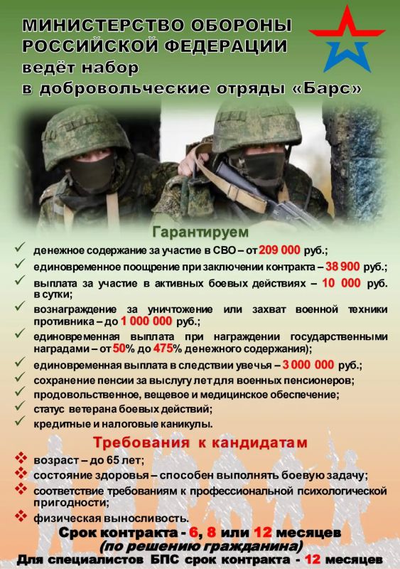 Министерство обороны РФ ведёт набор в добровольческие отряды «БАРС»