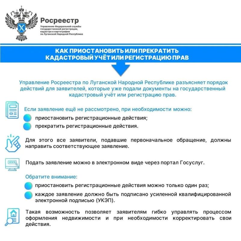 Росреестр ЛНР рассказал, как приостановить процедуры кадастрового учета или регистрации прав