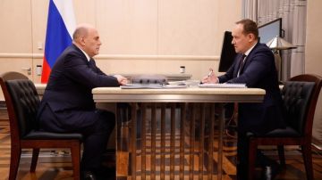 Встреча Михаила Мишустина с руководителем Федеральной службы государственной регистрации, кадастра и картографии Олегом Скуфинским