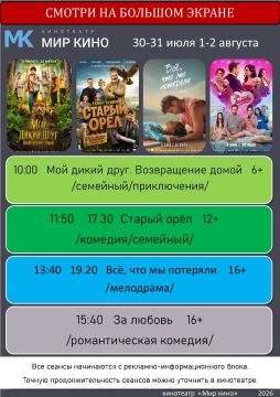 Будьте внимательны.В афише есть изменения Дорогие друзья!! кинотеатр " Мир кино" приглашает вас на просмотр новых художественных и мультипликационных фильмов
