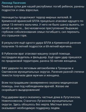 Погиб ребёнок, ещё 8 человек ранены в результате атаки ВСУ на мирные объекты в ЛНР, — Пасечник