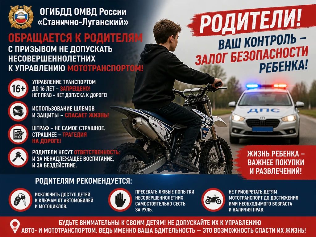 ОГИБДД ОМВД России «Станично-Луганский» обращается к родителям с призывом не допускать несовершеннолетних к управлению мототранспортом