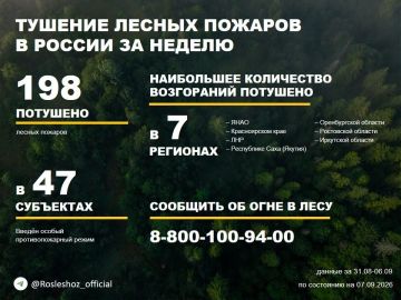 По данным Авиалесоохраны, подведомственной организации Рослесхоза, за прошедшую неделю потушено 198 лесных пожаров в 34 регионах России