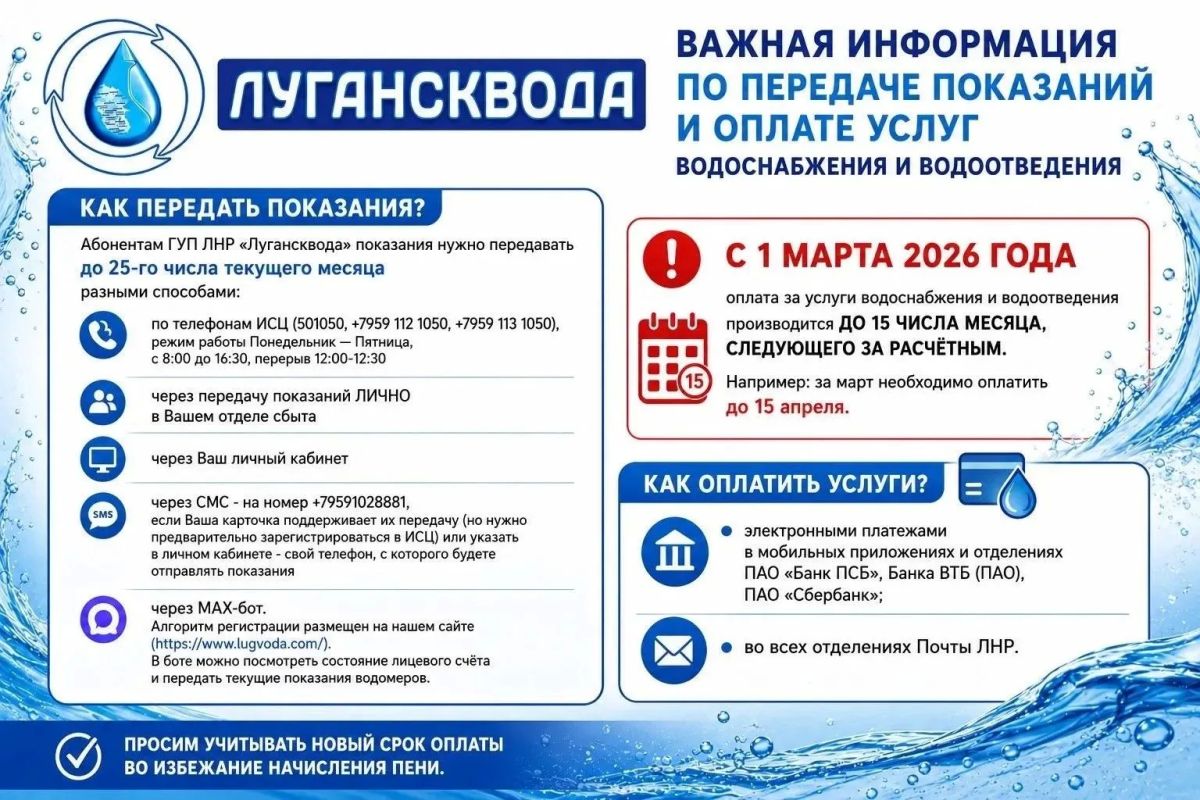Важная информация по передаче показаний и оплате услуг водоснабжения и водоотведения