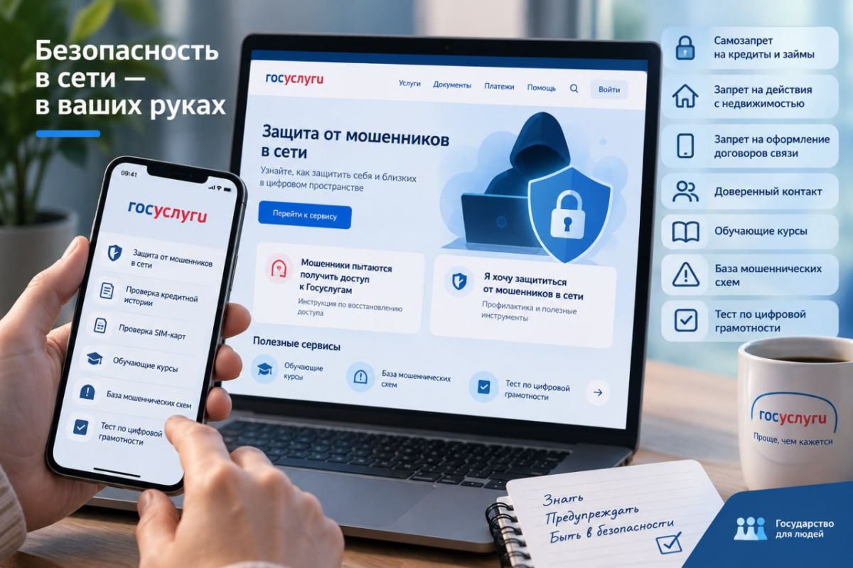В рамках федерального проекта «Государство для людей» Минцифры России и Аналитический центр при Правительстве РФ создали сервис «Защита от мошенников в сети» на Госуслугах (