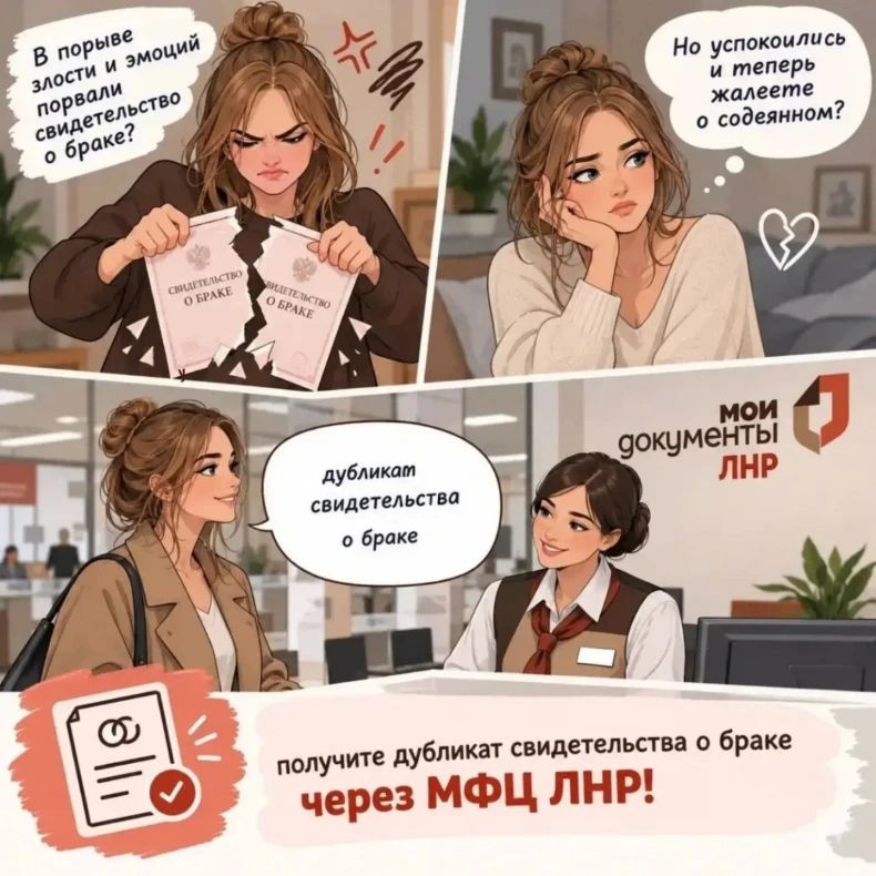 Если свидетельство о государственной регистрации брака утеряно или испорчено, повторный документ можно получить через офисы «Мои Документы» ЛНР
