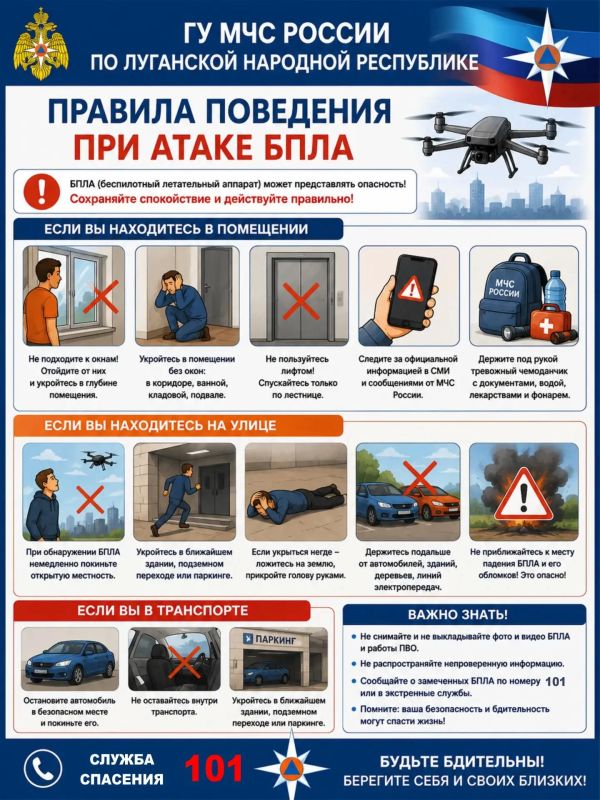 ГУ МЧС России по ЛНР напоминает правила поведения при атаке БПЛА: